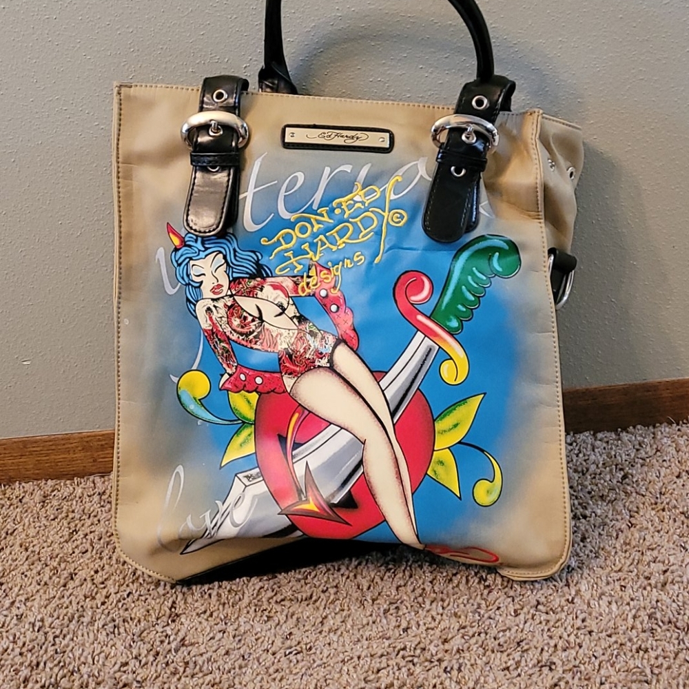 Ed hardy eagle pinup girl sword heart giant purse